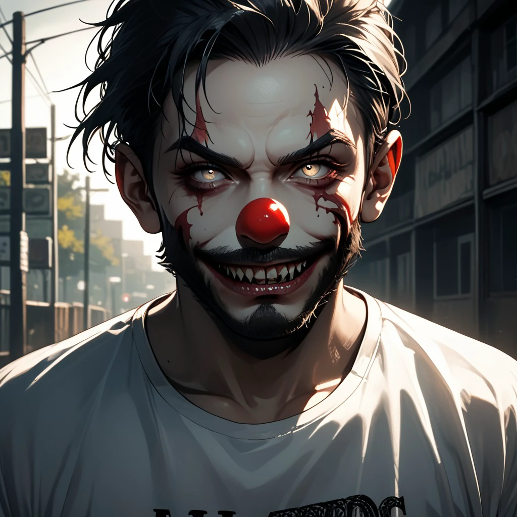 score_9, score_8_up, clown, smile, sharp teeth, source_anime, source_cartoon
solo, horror, 1boy, beard, t-shirt, skin, many tattoos, cargo pants
depth of field, dim, volumetric lighting, chiaroscuro lighting, , <lora:b7c2c463-70ba-48cc-9a25-e4df4c44a10f:0.5>