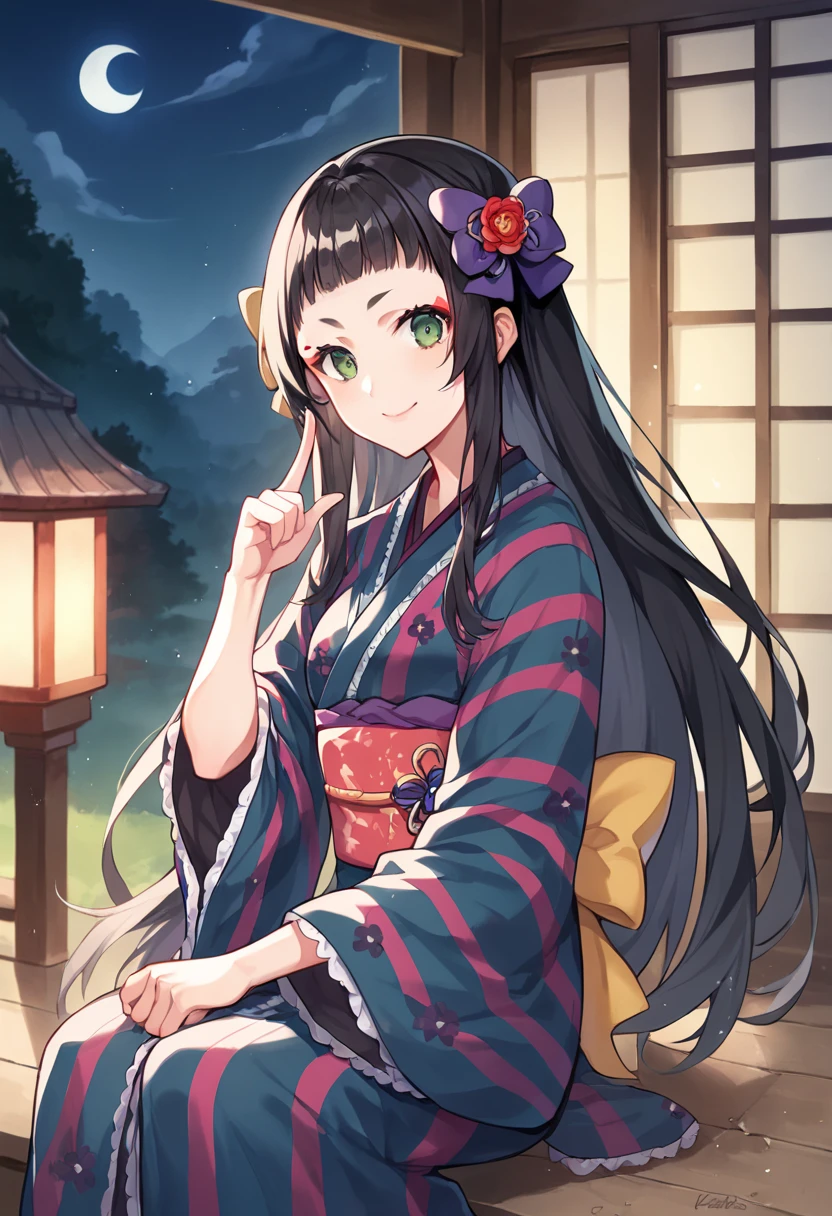 score_9,score_8_up,score_7_up,source_anime,masterpiece,best quality,game cg,1girl,solo,little_girl,marimari_(show_by_rock!!),long hair,black hair,hair ornament,hair bow,green eyes,hair flower,floral print kimono,striped kimono,red obi,wide sleeves,long sleeves,<lora:marimariSB69:0.95>,cowboy_shot,looking_at_viewer,smile,closed mouth,:>,veranda,sitting,from_side,night,index_finger_raised,