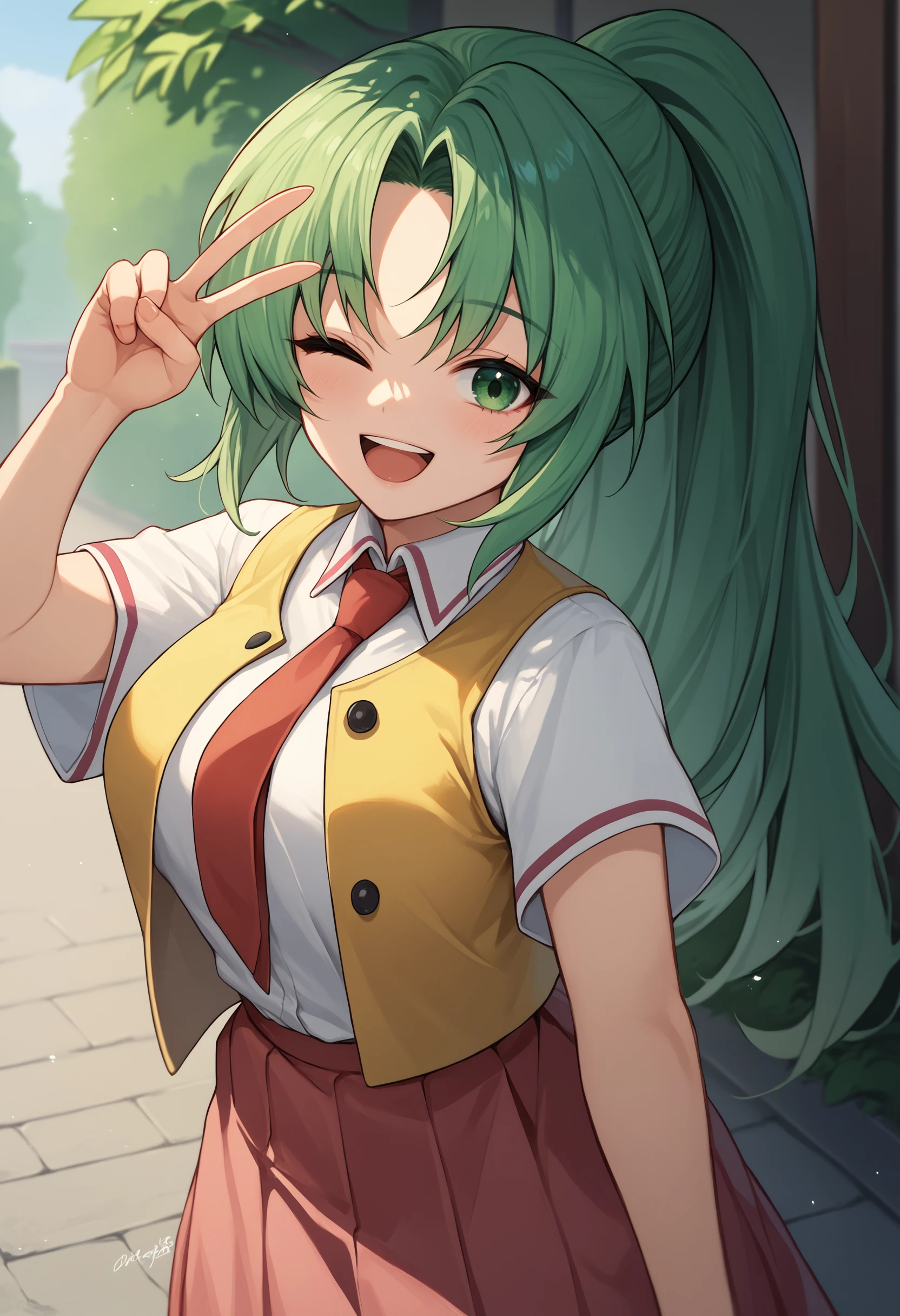 score_9, score_7_up, 1girl,  <lora:MionCAME2:1> Mion Sonozaki, green eyes, ponytail, green hair, white shirt, red necktie, yellow vest, red skirt,  outdoors, one eye closed, looking at viewer, v