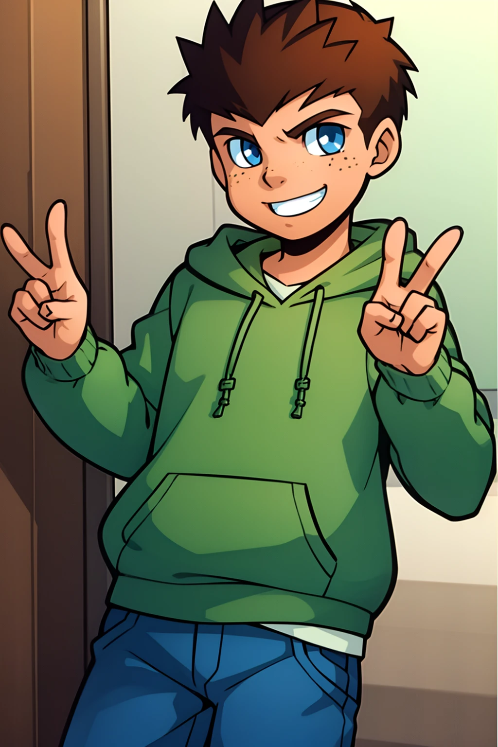 Jack_power,1boy,solo,peace sign,male focus,brown hair,short hair,spiked hair,blue eyes,freckles,green hoodie,blue pants,smile,looking at viewer