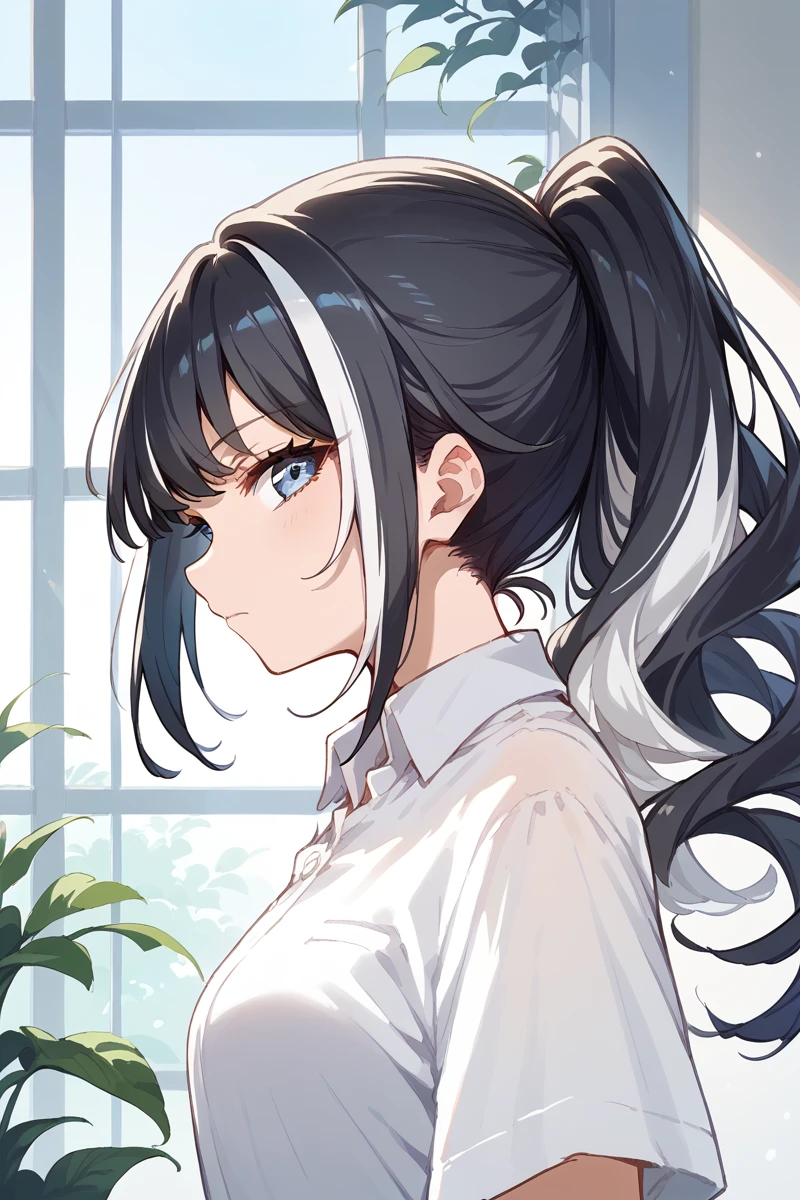 score_9, score_8_up, score_7_up, score_6_up, 1girl, 
 <lora:Kuina_Moriyasu:0.9> kuina, solo, blue eyes, black hair, multicolored hair, streaked hair, ponytail, long hair, looking at viewer, closed mouth, white hair, profile, shirt, bangs, collared shirt