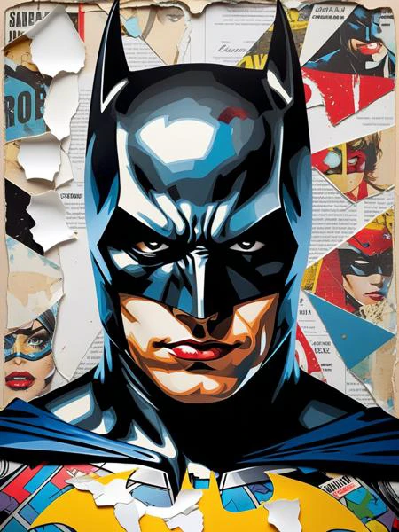 <lora:11VisualArt_Hap_XL:1.5>,Sandra Chevrier style,collage,torn paper effect ,pop art, comic book, Batman, Robin, superhero,  Faded Headshot, faded bottom, faded edges,