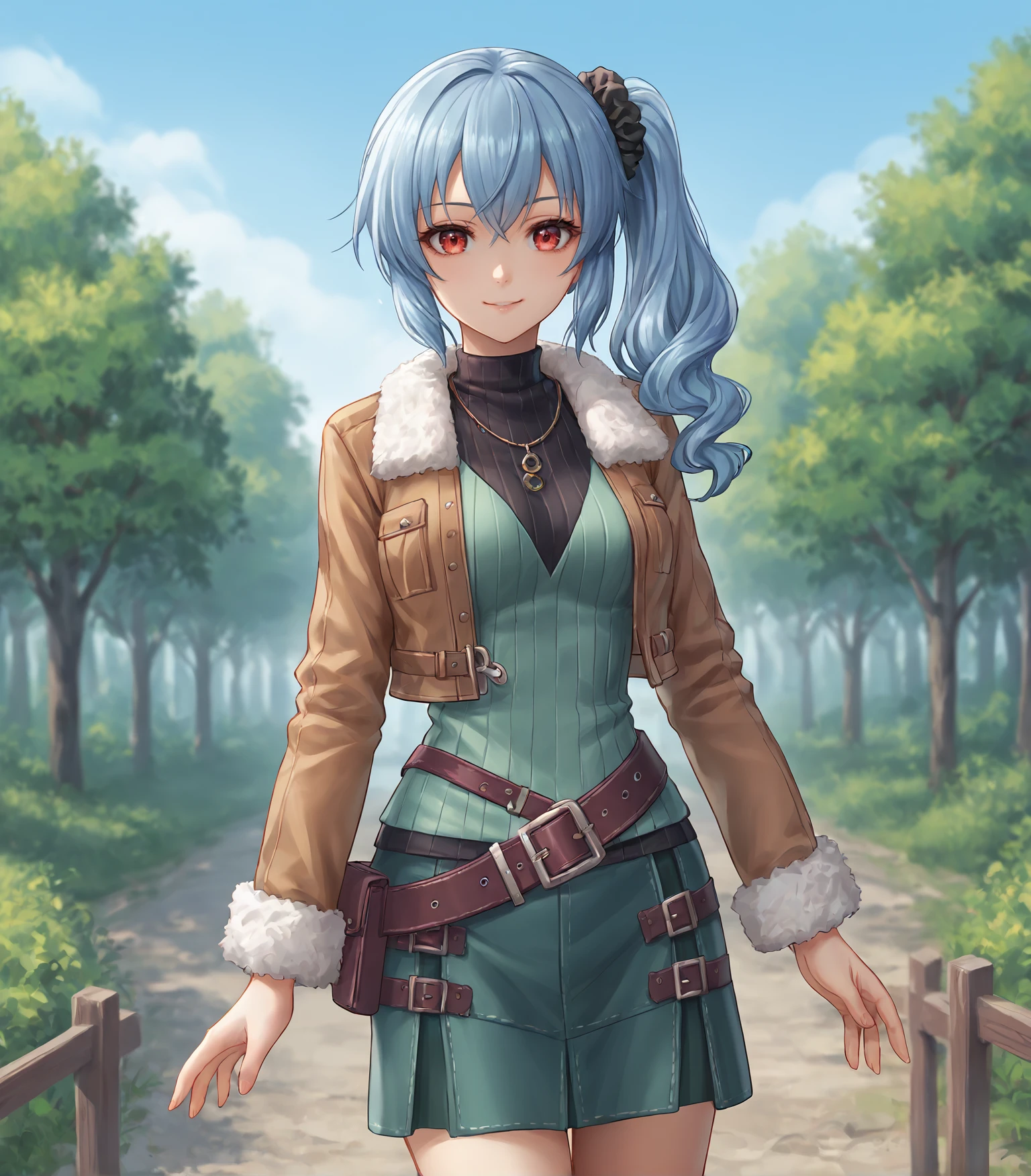 score_9, score_8_up, score_7_up, score_6_up, score_5_up, score_4_up, BREAK source_anime,
1girl, solo,  cowboy shot  looking at viewer, smile, outdoors, sky, trees, 
<lora:Racoonkun_Artist_Style:0.6>, racoonsan,,  
 <lora:ClaireRieveldtCasual:0.9>, Claire Rieveldt, blue hair, side ponytail, scrunchie, red eyes, medium breasts,  brown jacket, fur trim, green top, black collar, green skirt, belt, grey boots,