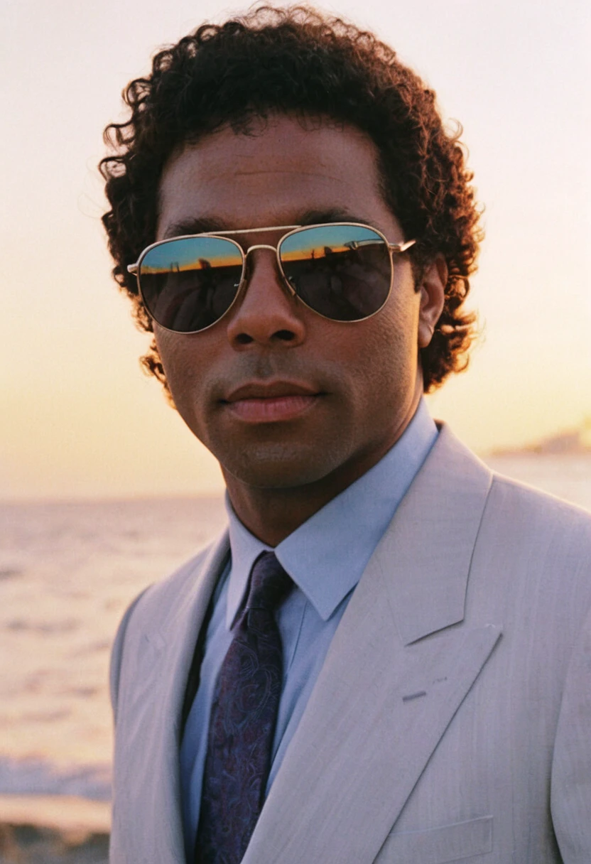 MiamiVice, Rico Tubbs, man, suit, tie, shades, closeup, seaside, sunset, outdoors, highly detailed, 4K, ((stylish grainy analog 35mm film photo))