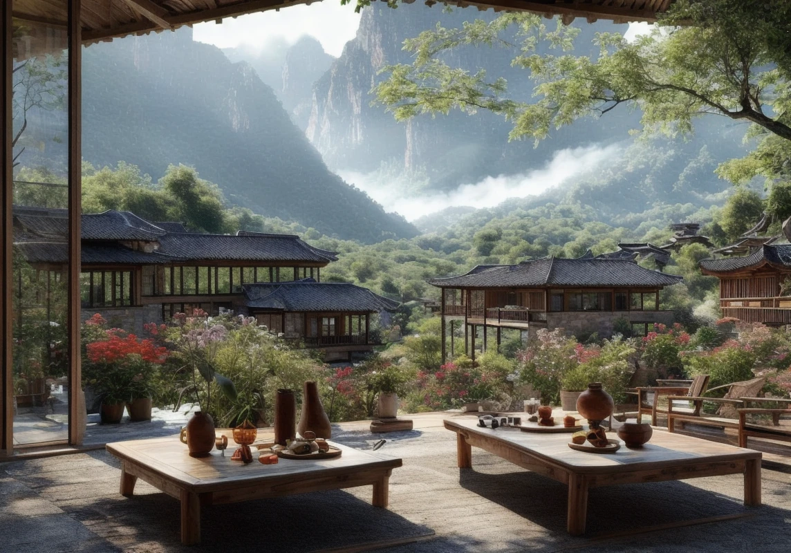 under roof, no humans, architecture, indoors open to the outdoor nature, buildings outside, plant, table, mountain, tree, teapot, potted plant, cup, food on the table, day, garden, vase, wooden floor, sky, flower, outdoors, building, flower pot, <lora:Utopian Rustic Chinese Interior:1>, (masterpiece),(high quality), best quality, super detailed, (full detail),(4k),8k, scenery