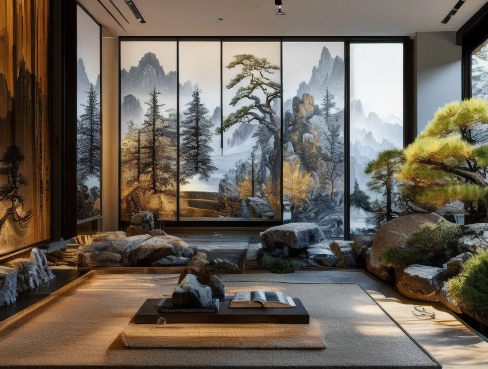 multi-painting, scenery, no humans, mountain, tree, pillow, window, architecture, book, plant, rockery, <lora:Chinese Home Interior:1>