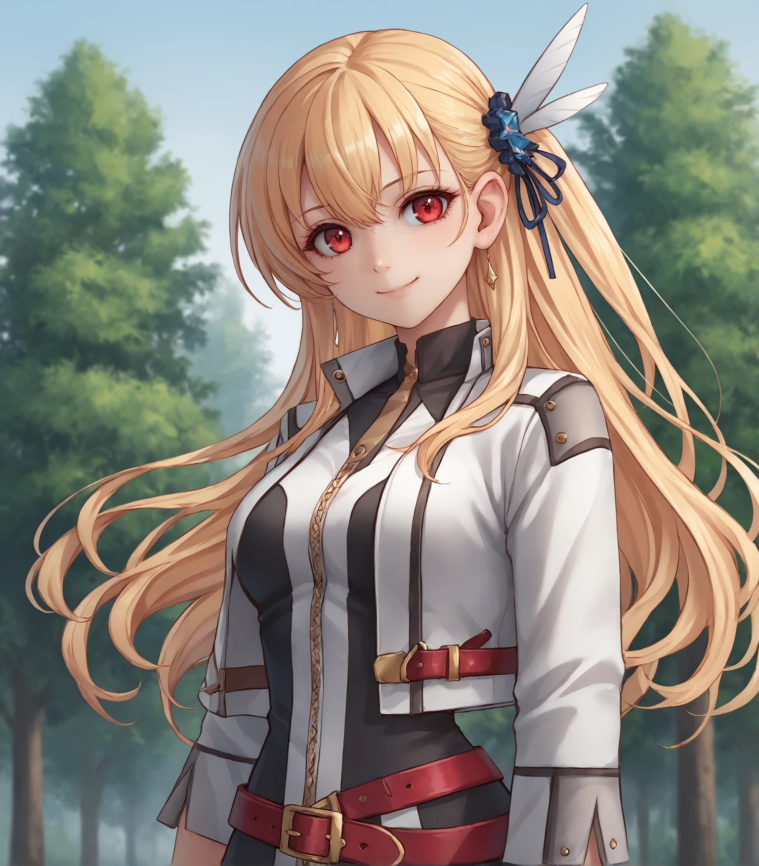 score_9, score_8_up, score_7_up, score_6_up, score_5_up, score_4_up, BREAK source_anime,
1girl, solo,  upper body, portrait  looking at viewer, smile, outdoors, sky, trees, 
<lora:Racoonkun_Artist_Style:0.6>, racoonsan,,  
 <lora:AlisaReinfordCS3:0.9>, Alisa Reinford, blonde hair, long hair, red eyes, hair ornament, medium breasts, white jacket, red belt, white miniskirt, white thigh boots,