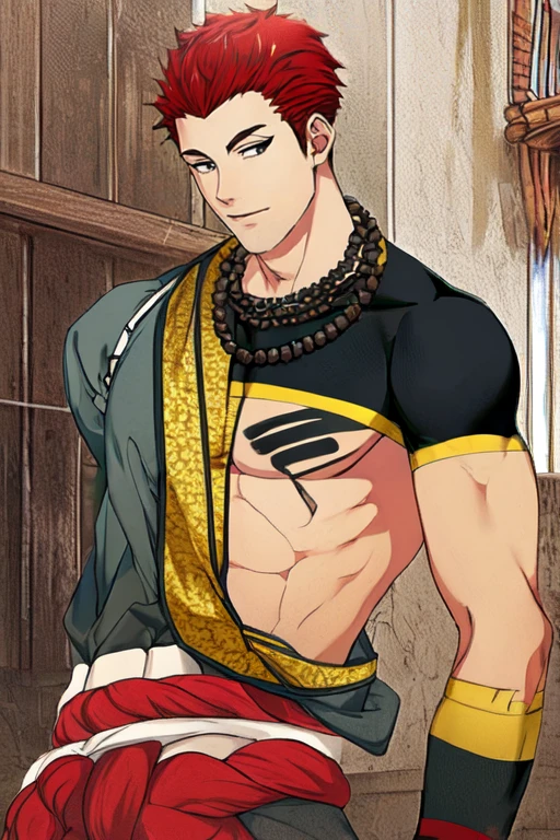 (masterpiece),(best_quality),1boy,Jizou,bead necklace,bare pectorals,single short sleeve,crop top black shirt,chest tattoo,monk,<lora:Jizou:1>,