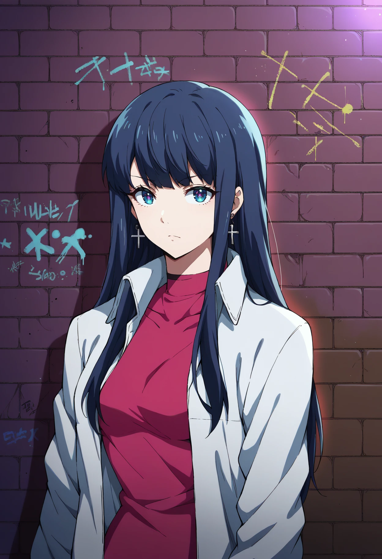 score_9, score_8_up, source_anime, 1girl, solo, SuzuneInukami, long hair, sidelocks, earrings, sharp eyes, choker, neon shirt, open jacket, turtleneck sweater, night, against wall, brick wall, graffiti, dim lighting, alley, looking at viewer, <lora:ChamSuzuneInukamiPonyXL:1>