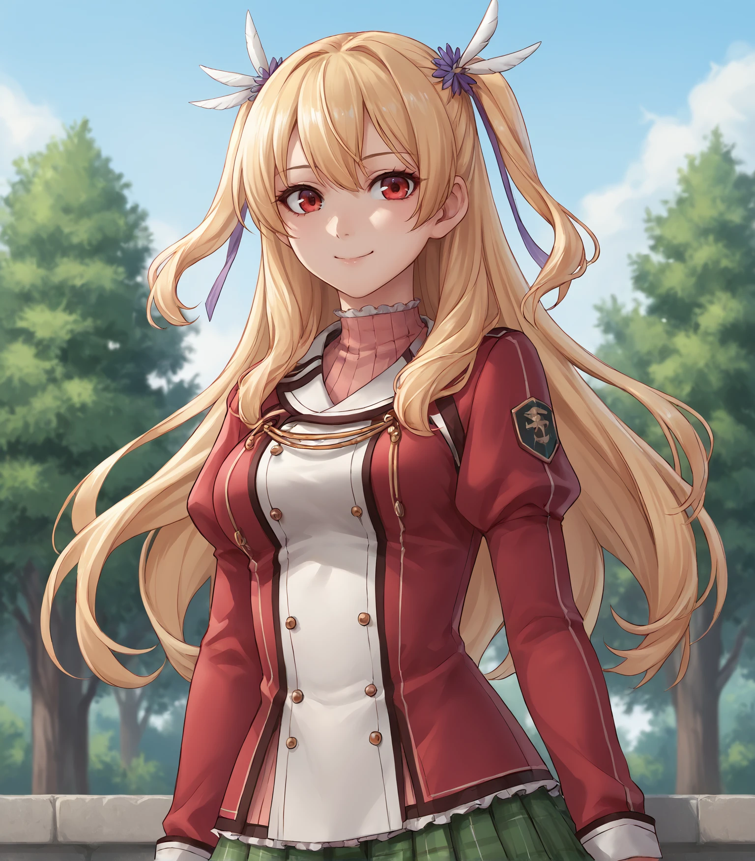 score_9, score_8_up, score_7_up, score_6_up, score_5_up, score_4_up, BREAK source_anime,
1girl, solo, <lora:AlisaReinfordCS1:0.9>, Alisa Reinford, blonde hair, long hair, red eyes, medium breasts, two side up,  hair ornament, school uniform, red jacket, green miniskirt, thigh boots,,  
upper body, portrait, looking at viewer, smile, outdoors, sky, trees, 
<lora:Racoonkun_Artist_Style:0.6>, racoonsan,,