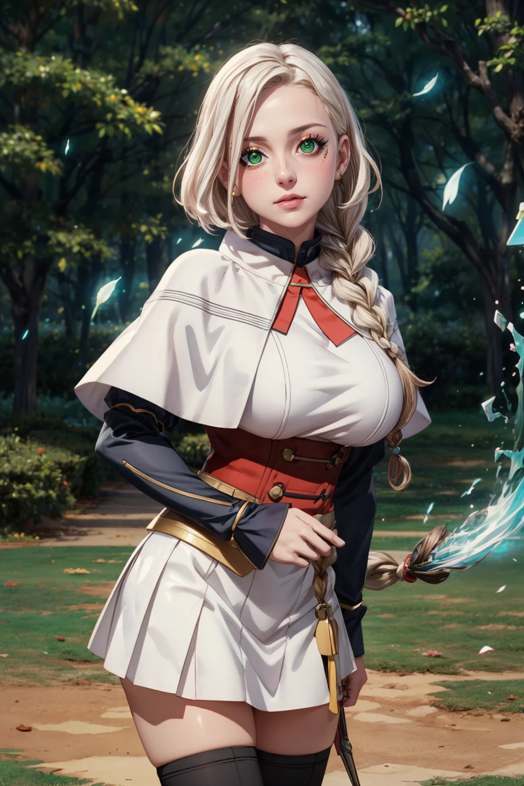 (ultra realistic,32k, masterpiece:1.2),(high detailed skin:1.1),( high quality:1.1), BREAK,   head tilt, leaning forward, blush,  <lora:YuriUllen_kumodesuga:0.5>,   zzYuri, long hair, green eyes, braid, white hair, single braid,  capelet, long sleeves, white skirt, black thighhighs, zettai ryouiki,  BREAK,  blooming stars, luminescent petals, otherworldly fragrance blurry background, (looking at viewer, standing:1.1), huge breast, large breast, <lora:add_detail:0.92>, (glowwave:1.1),