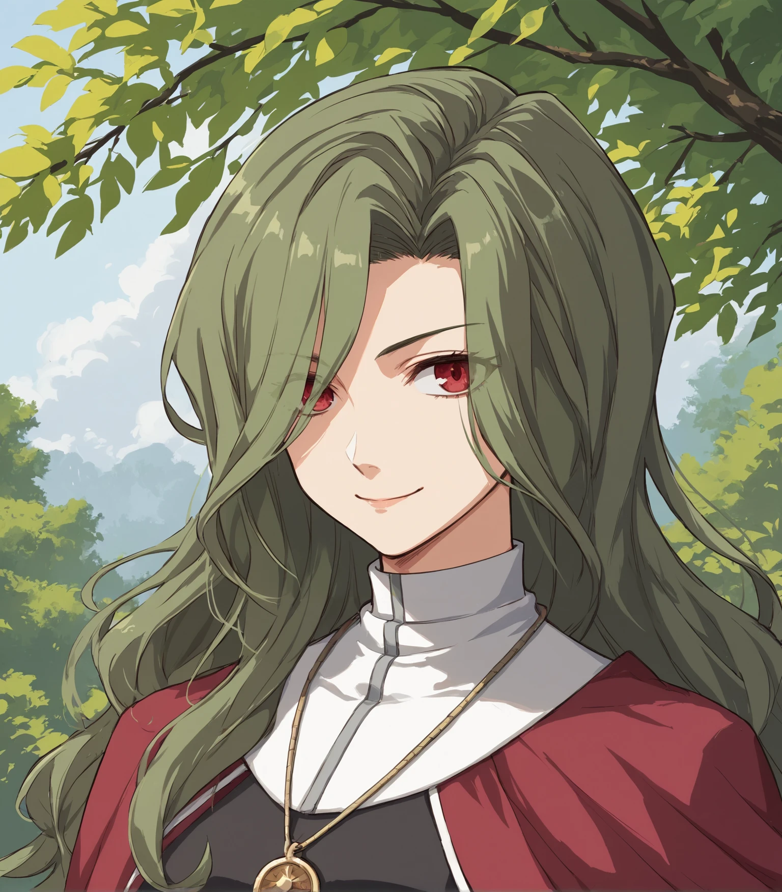 score_9, score_8_up, score_7_up, score_6_up, score_5_up, score_4_up, BREAK source_anime,
1girl, solo, upper body, portrait looking at viewer, smile, outdoors, sky, trees,
<lora:EinSelnate:0.9>, Ein Selnate, dark green hair, long hair, red eyes, medium breasts, black dress, necklace, long sleeves, black pantyhose, grey high heels, red cape,