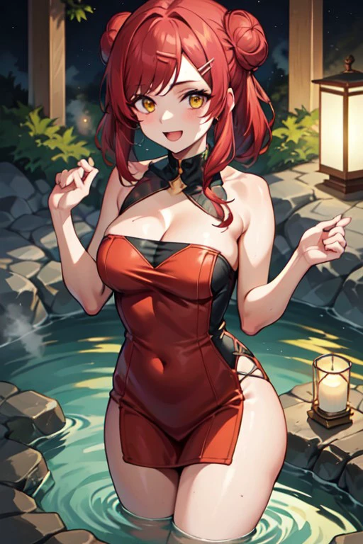 onsenochekaiser, bush, red hair, lantern, thighs, yellow eyes, cleavage, hairclip, :d, hair bun, parted bangs, <lora:467acfa5-b451-4e1f-87c2-dc8285869944:0.7>