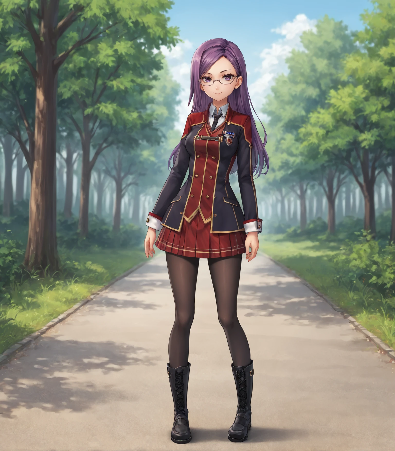 score_9, score_8_up, score_7_up, score_6_up, score_5_up, score_4_up, BREAK source_anime,
1girl, solo,  <lora:AdaGrant:0.9>, Ada Grant, purple hair, long hair, medium breasts, glasses, red school uniform, miniskirt, black pantyhose, black boots,, 
full body shot  looking at viewer, smile, outdoors, sky, trees, 
<lora:Racoonkun_Artist_Style:0.6>, racoonsan,,