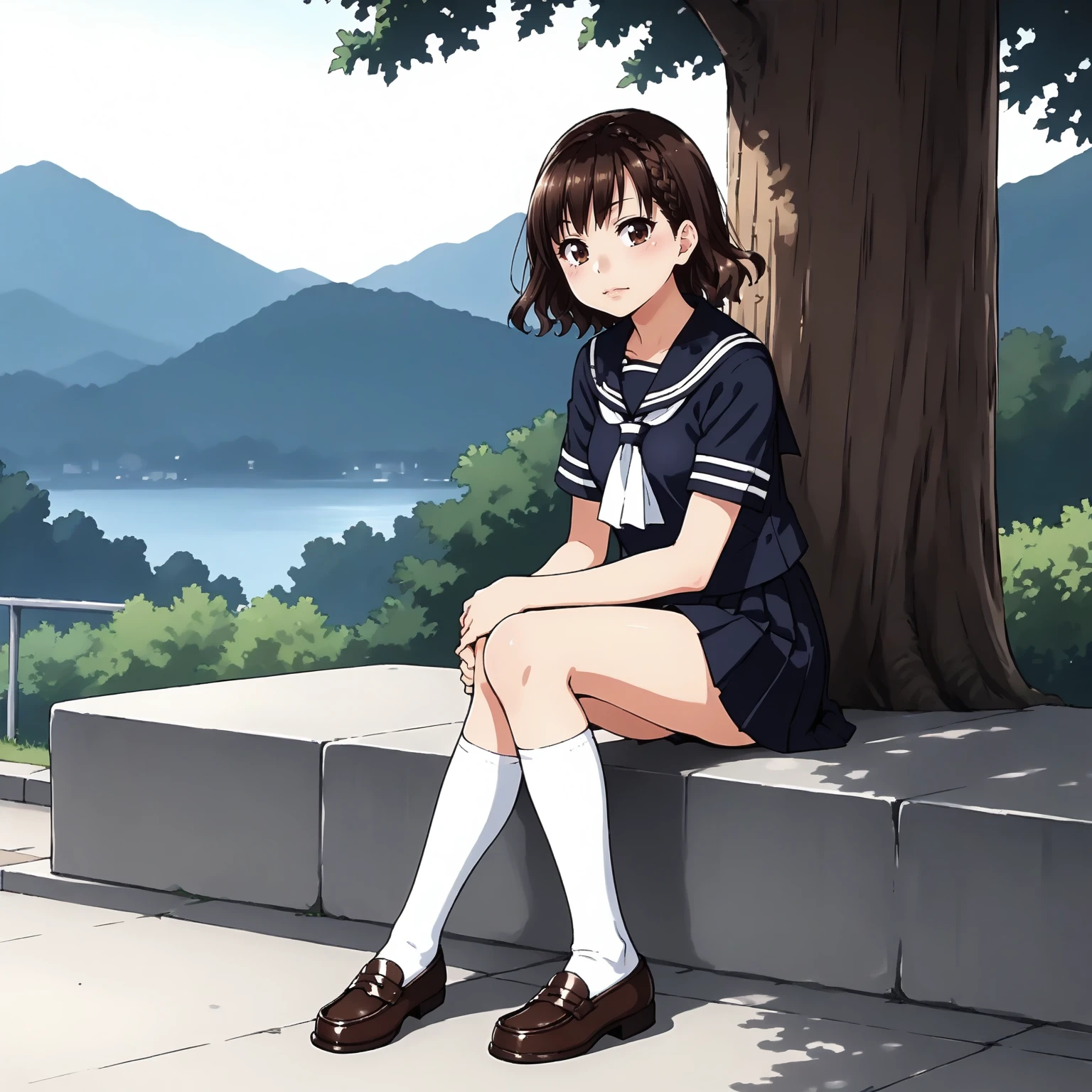 hi-school girl、 a beauty girl Longhaire、Forehead、a short bob、sano A smile、校服、skirt by the、Sit up、M-shaped legs、Forgetting to wear white panties、Short socks、Brown loafers、In front of the station、Spread legs wide