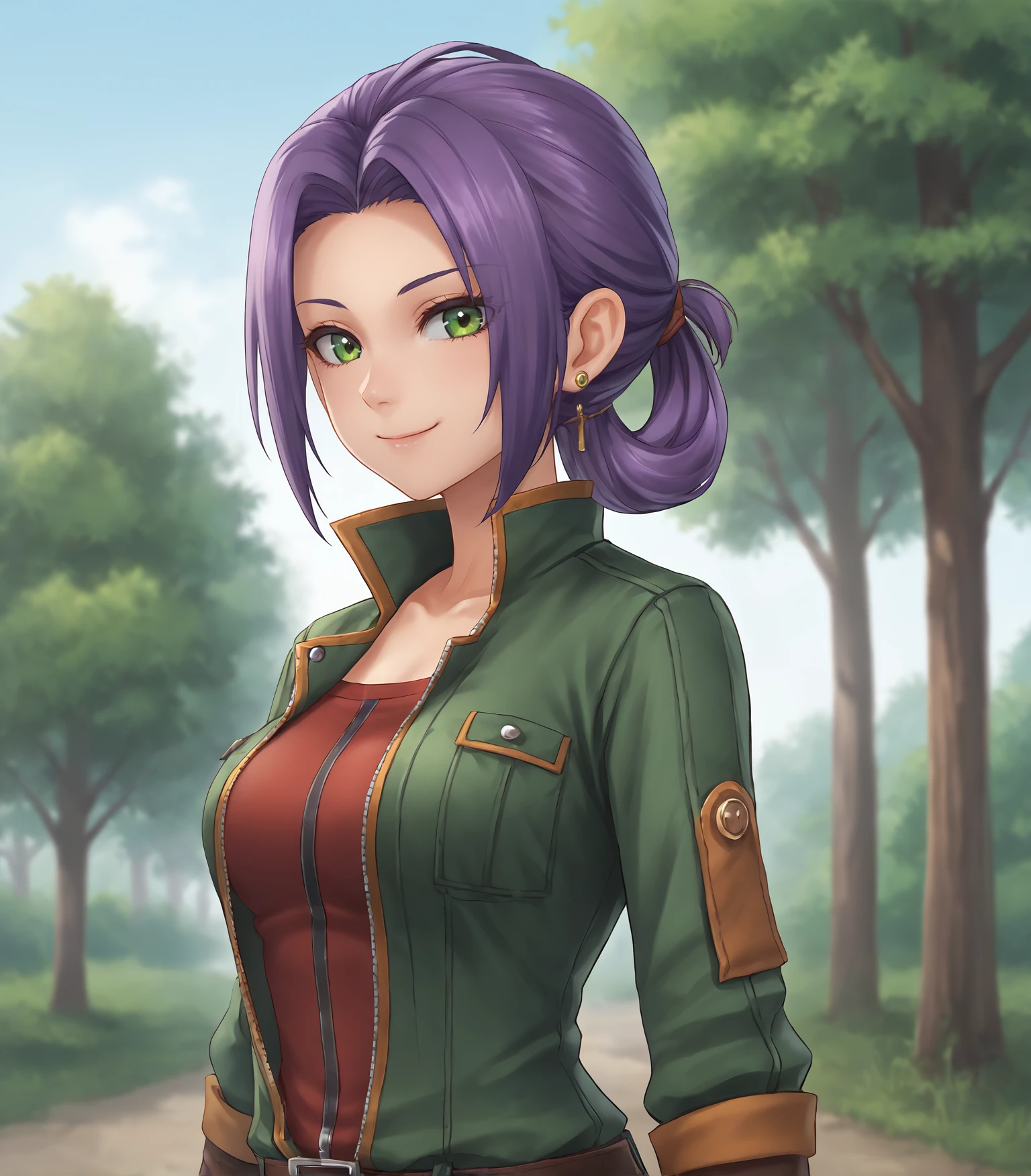 score_9, score_8_up, score_7_up, score_6_up, score_5_up, score_4_up, BREAK source_anime,
1girl, solo, upper body, portrait looking at viewer, smile, outdoors, sky, trees,
<lora:Racoonkun_Artist_Style:0.6>, racoonsan,,
<lora:Ashleigh:0.9>, Ashleigh, purple hair, parted bangs, hair ring, green eyes, medium breasts, green jumpsuit, open clothes, red shirt, belt, gloves, boots,