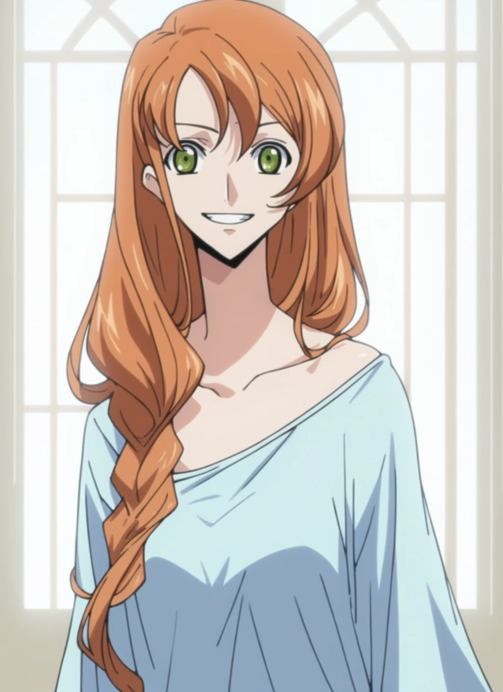 score_9, score_8_up, score_7_up, highly detailed, cdgs, beautiful Shirley, grin, shirt, standing, long orange hair, green eyes, rating_questionable, source_anime, BREAK best quality, masterpiece, e621, digital_art, <lora:Code_Geass_Style2:1.0>