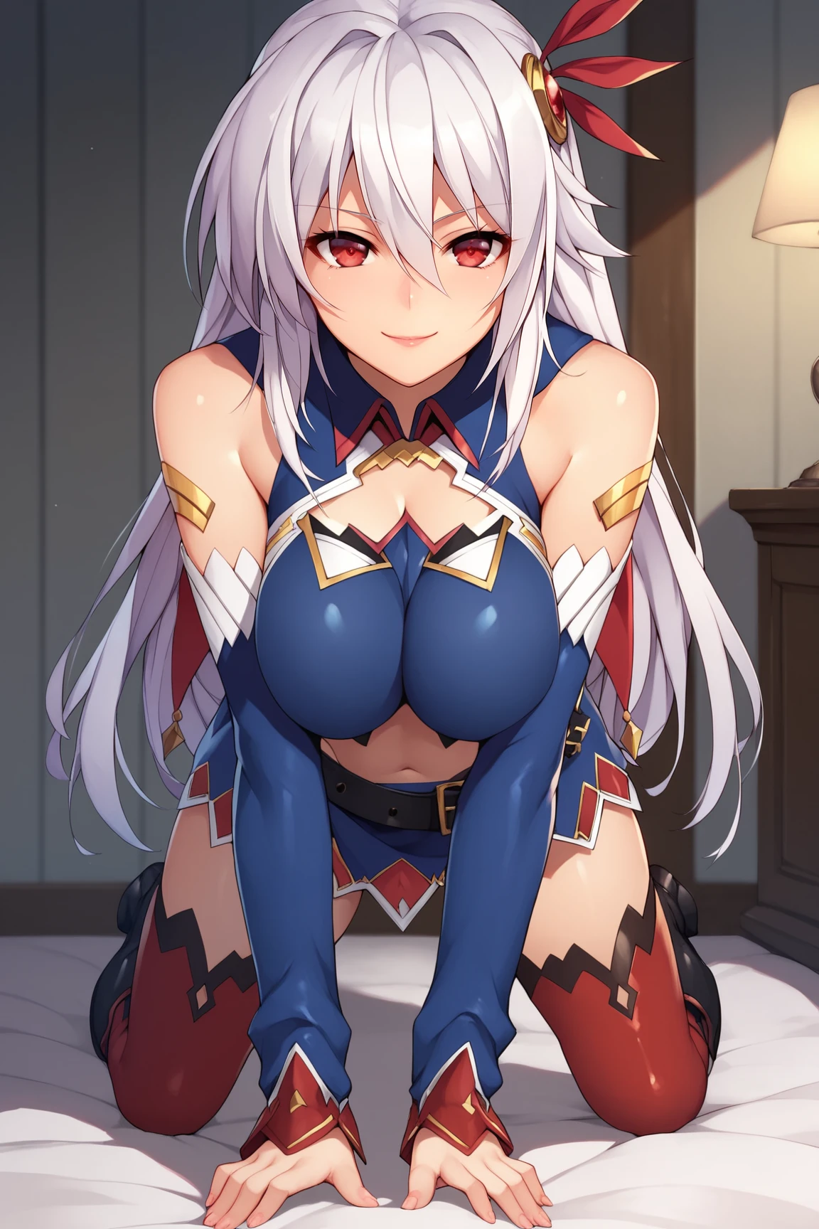 score_9, score_8_up, score_7_up, score_6_up, BREAK, EleonoraViltariaMOVXL, red eyes, white hair, long hair, hair between eyes, sidelocks, hair ornament, large breasts, clothing cutout, blue midriff, detached sleeves, blue sleeves, black belt, blue skirt, red thigh boots, solo, all fours, seductive smile, looking at viewer, indoors <lora:EleonoraViltariaMOVXL:0.8>