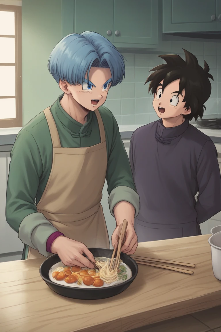 score_9, score_8_up, score_7_up, score_6_up, masterpiece, best quality, amazing quality, best aesthetic, absurdres, intricate details, multiple boys, 2boys,
goten_super, black hair, black eyes, trunks_super, blue hair, blue eyes, cooking, food, apron, open mouth, frying pan, holding chopsticks, looking at another<lora:EMS-446676-EMS:1.000000>