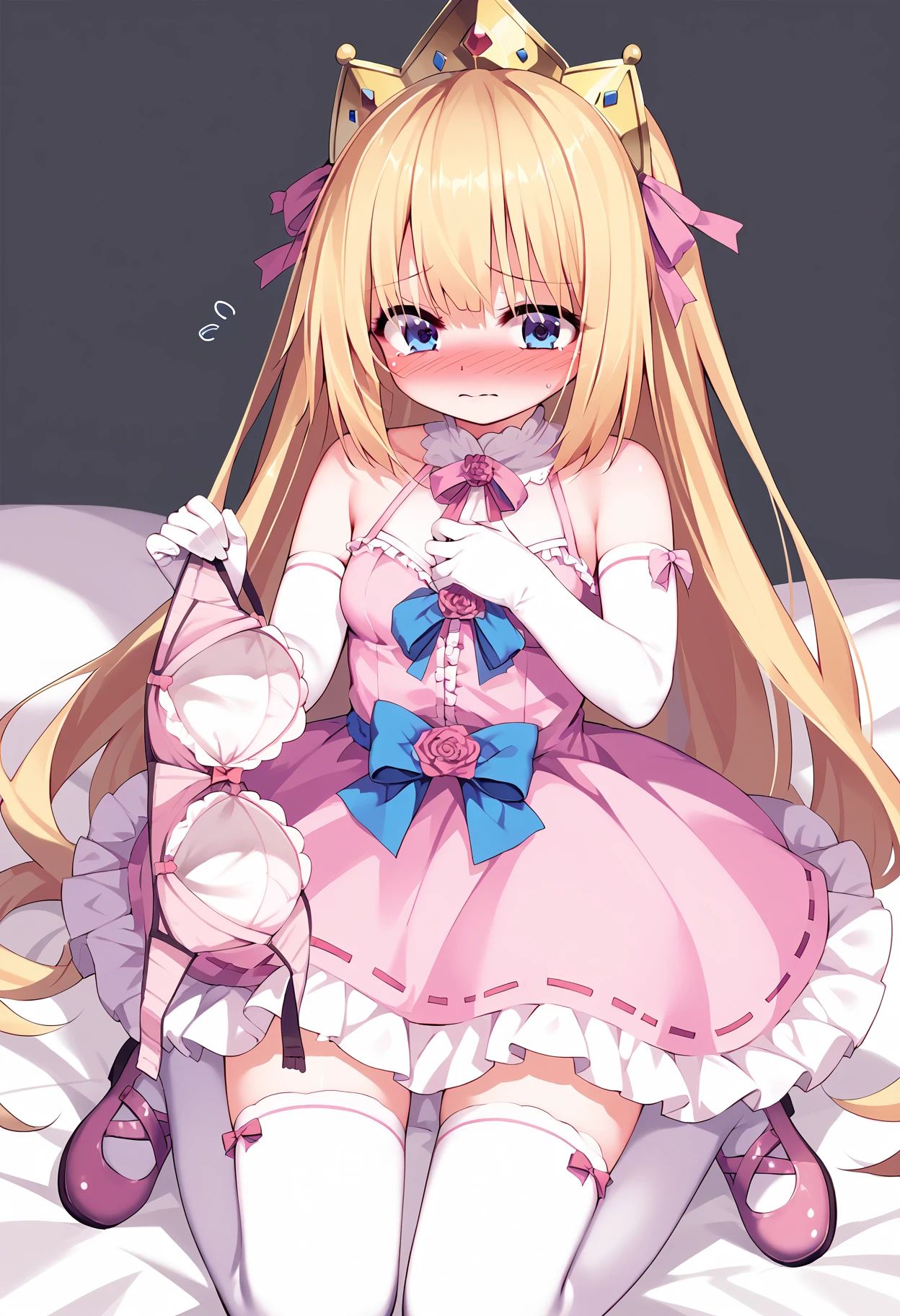 score_9, score_8_up, score_7_up,source_anime,rating_explicit,uncensored,anatomically correct,best perspective BREAK
1girl, solo, <lora:PrincessRutee:1>  rutee, blonde hair, long hair, blue eyes, thighhighs, dress, pink dress, crown, gloves, elbow gloves, white gloves, ribbon, detached sleeves, pink footwear, 
 <lora:braoffer17:0.9> braoffering, unworn bra, laced bra, twohandbraoffer,bra in front of girl, shy, embarrassed, blush,