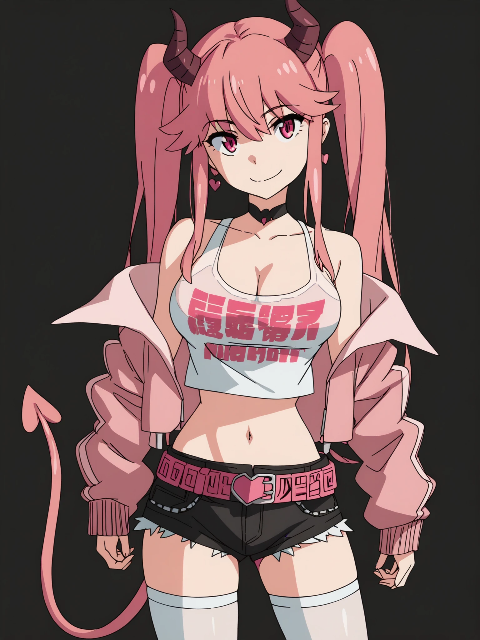 score_9, score_8_up, score_7_up, score_6_up, score_5_up,
1girl, solo, breasts, tail, pink_hair, horns, demon_tail, shorts, jacket, twintails, large_breasts, smile, looking_at_viewer, long_hair, navel, choker, black_background, pink_eyes, short_shorts, belt, demon_girl,  pink_jacket, demon_horns, simple_background, tank_top, open_jacket, cleavage, black_shorts, open_clothes, thighhighs, off_shoulder, bare_shoulders, closed_mouth, head_tilt, hair_between_eyes, cowboy_shot, jewelry, micro_shorts, collarbone, black_choker, white_thighhighs, crop_top, bangs, earrings, clothes_writing, shirt, midriff, standing, see-through, contrapposto, long_sleeves
 <lora:Kill_La_Kill:1>
