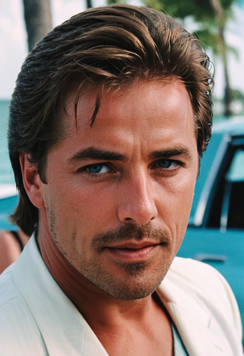 MiamiVice, Sonny Crockett, man, mature, blue eyes, closeup, highly detailed, 4K, (grainy analog 35mm film photo)