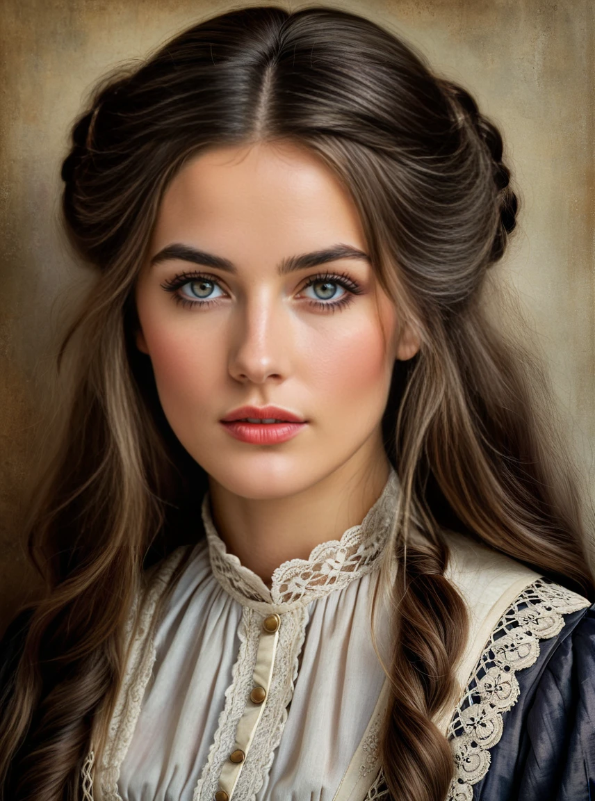 hyper-realistic portrait of a upclose female in old time clothing, she has long hair, Highly detailed gorgeous face, perfect features