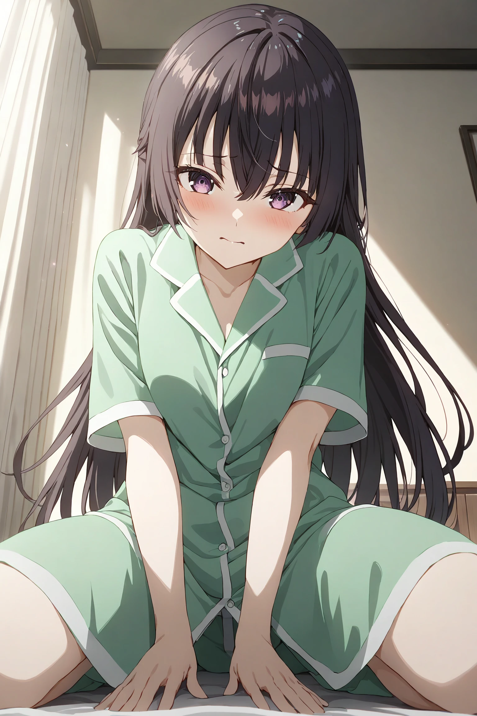 masterpiece, best quality, ultra detailed, highres, incredibly absurdres, high quality,
far side low key light, living room, 
very aesthetic,
professional photo, high key light, hard shadow, soft bokeh,
BREAK
suouyuki_imoto, purple eyes, black hair, half upon, long hair,
looking at viewer, green pajamas,
looking at viewer, @_@, sitting aside, cowboy shot,
short sleeves, 
kneeling, shy face, low angle, detailed eyes,
<lora:hinaYukiSuou_sdxl_wifu_v1-rev4:0.9>