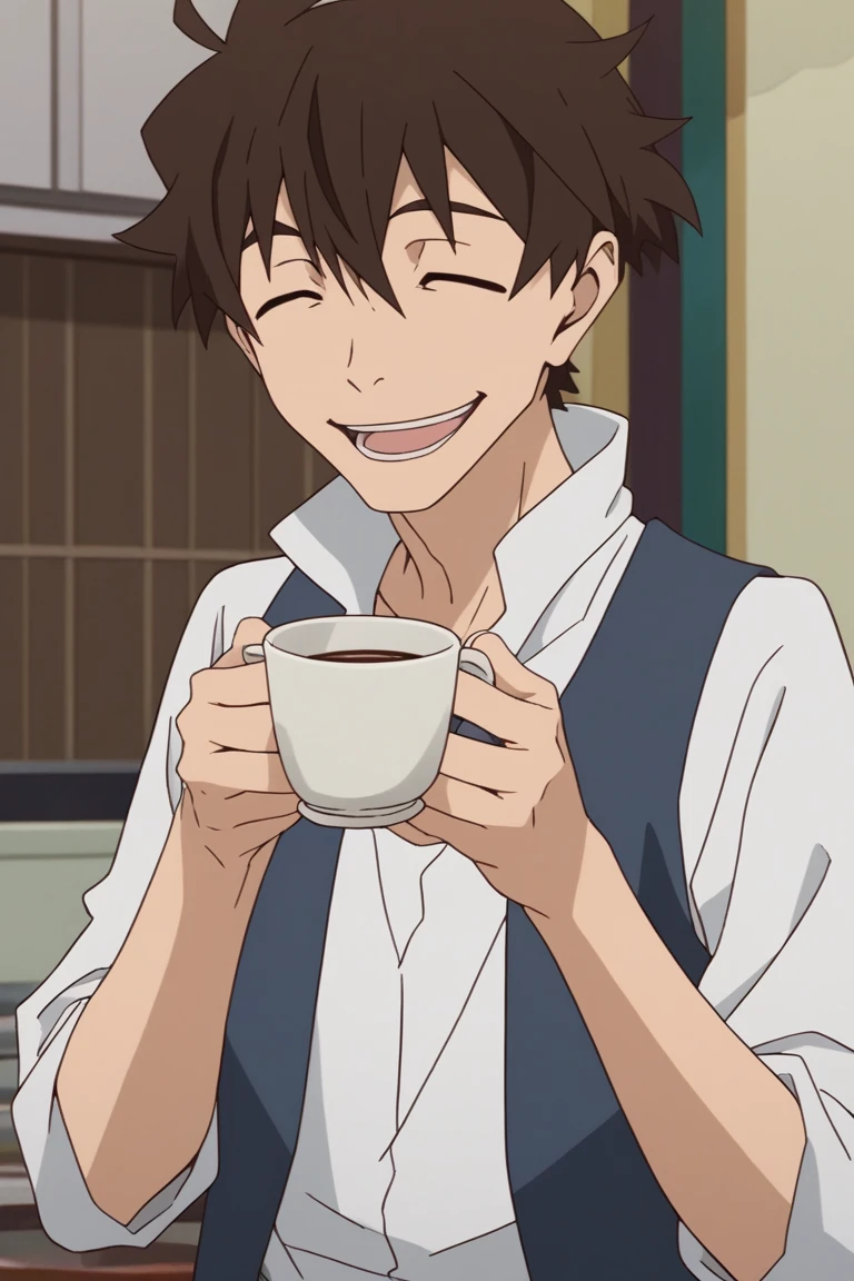 score_9, score_8_up, score_7_up, score_6_up, masterpiece, best quality, amazing quality, best aesthetic, absurdres, intricate details, official style
makoto edamura, brown hair, brown eyes, 1boy, male focus, closed eyes, cup, solo, anime coloring, smile, open mouth, shirt, parody, holding cup, white shirt, holding, vest, teacup<lora:EMS-447424-EMS:1.000000>