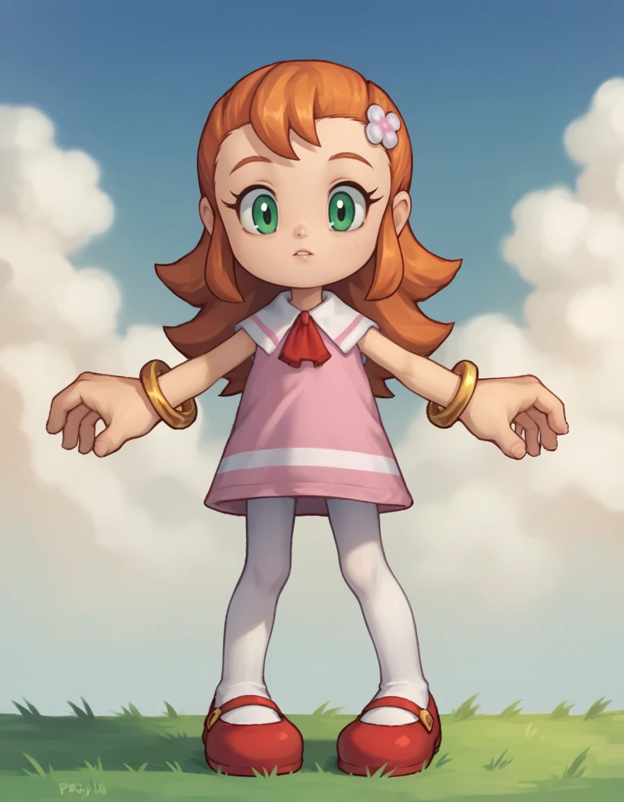 score_9, score_8_up, score_7_up, score_6_up, score_5_up, score_4_up, 1girl, solo, looking at viewer,
<lora:RollyRoll v1:0.8> rolly roll, orange hair, green eyes, long hair, child, hair between eyes, hair slicked back, pink dress, gold bracelet, white pantyhose, red footwear, mary janes, red ascot, white sailor collar, hair ornament, sleeveless,
grass, sky, cloud, animal pose