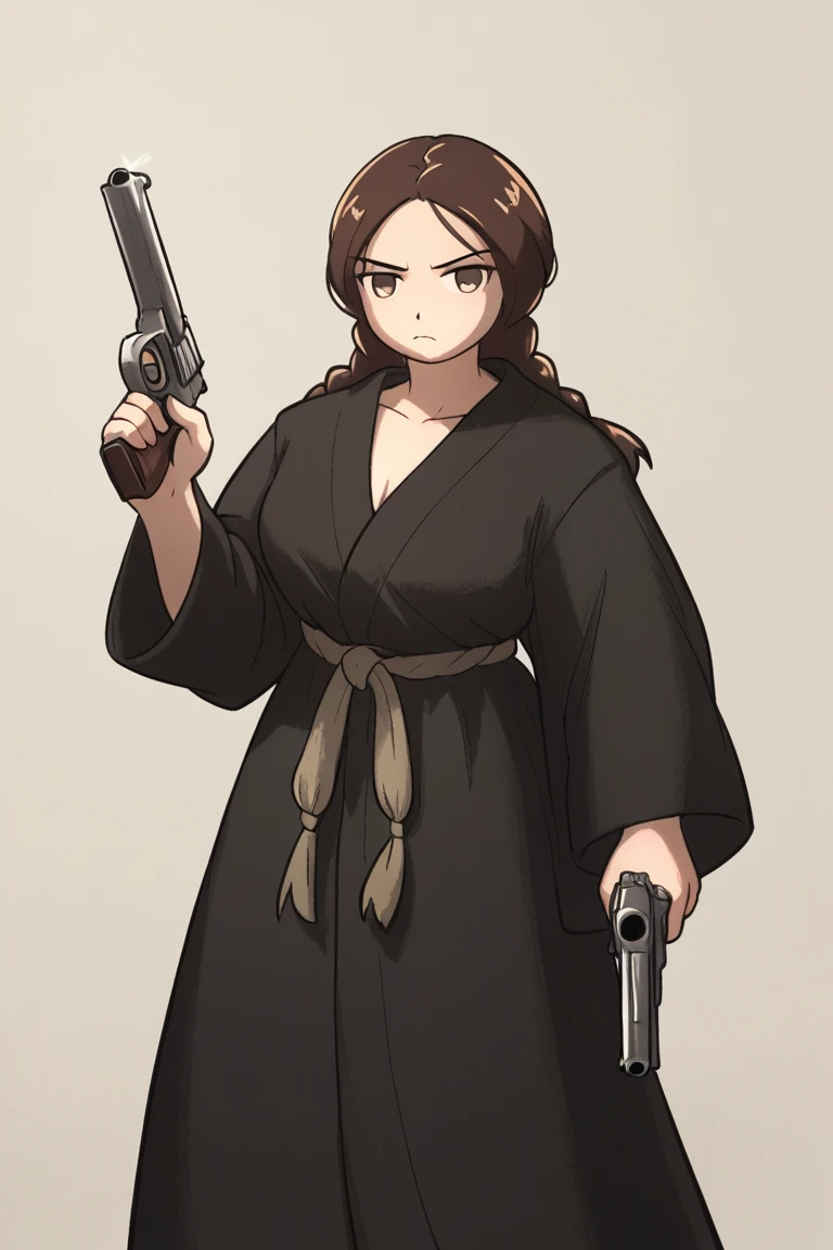 score_9, score_8, score_7, score_6, 1girl, black robe, braid, brown eyes, brown hair, commentary, cosplay, dual wielding, english commentary, equilibrium, finger on trigger, grammaton cleric, gun, gunkata, handgun, holding, holding gun, holding weapon, ironlily, long hair, looking at viewer, ordo mediare sisters (ironlily), pistol, robe, serious, solo, twin braids, twin braids sister (ironlily), weapon, ironlilyStyle