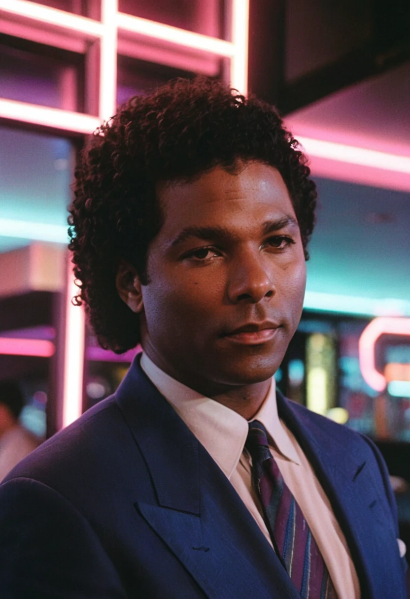 MiamiVice, Rico Tubbs, closeup, bar, neon lights, indoors, highly detailed, 4K, (grainy analog 35mm film photo)