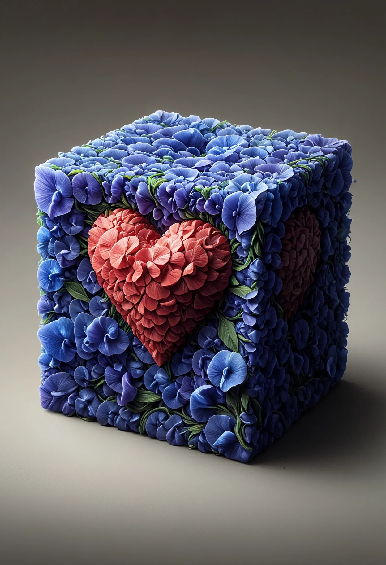 a cube, heart engravings, extremely detailed, made out of butterfly pea flowers, <lora:PinkieBttflwrsSDXL:1>, p1nkbttrflyp3a,