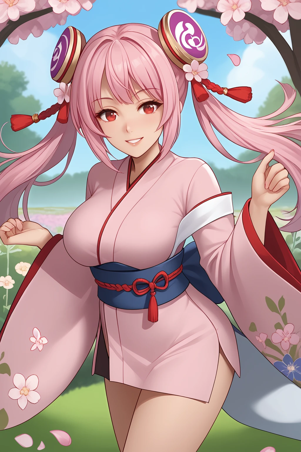 Kanade, Pink Hair, Long Hair, Two Hair Buns, Two Braids, Two Hair Ornament, Scarlet Eyes, Big Breasts, pink kimono, white sash, red ribbon, wide sleeves, long sleeves,
(nsfw), (uncensored), (score_9), score_8_up, score_7_up, source_anime, cowboy shot, dynamic pose, Happy, Smile, Parted Lips, blush, ashamed, shy, sexy, charming, alluring, seductive, enchanting, erotic,
((outdoors)), ((flower garden)), ((flowers)), ((many flowers)), spring petals, petals of flowers, spring, falling petals, flying butterflies<lora:EMS-446320-EMS:1.000000>