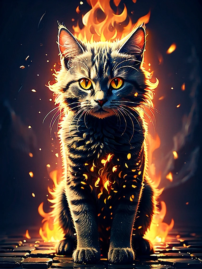 (symmetric,quality, ultra high res,(photorealistic:1.4),a woman,full body,looking at viewer), Gorgeous, Yellow eyes, brown hair,looking at viewer, sitting, ascot, no humans, animal, cat, fire, slit pupils, animal focus, whiskers,kooo123,kooocat <lora:Firecat_v1:0.8>