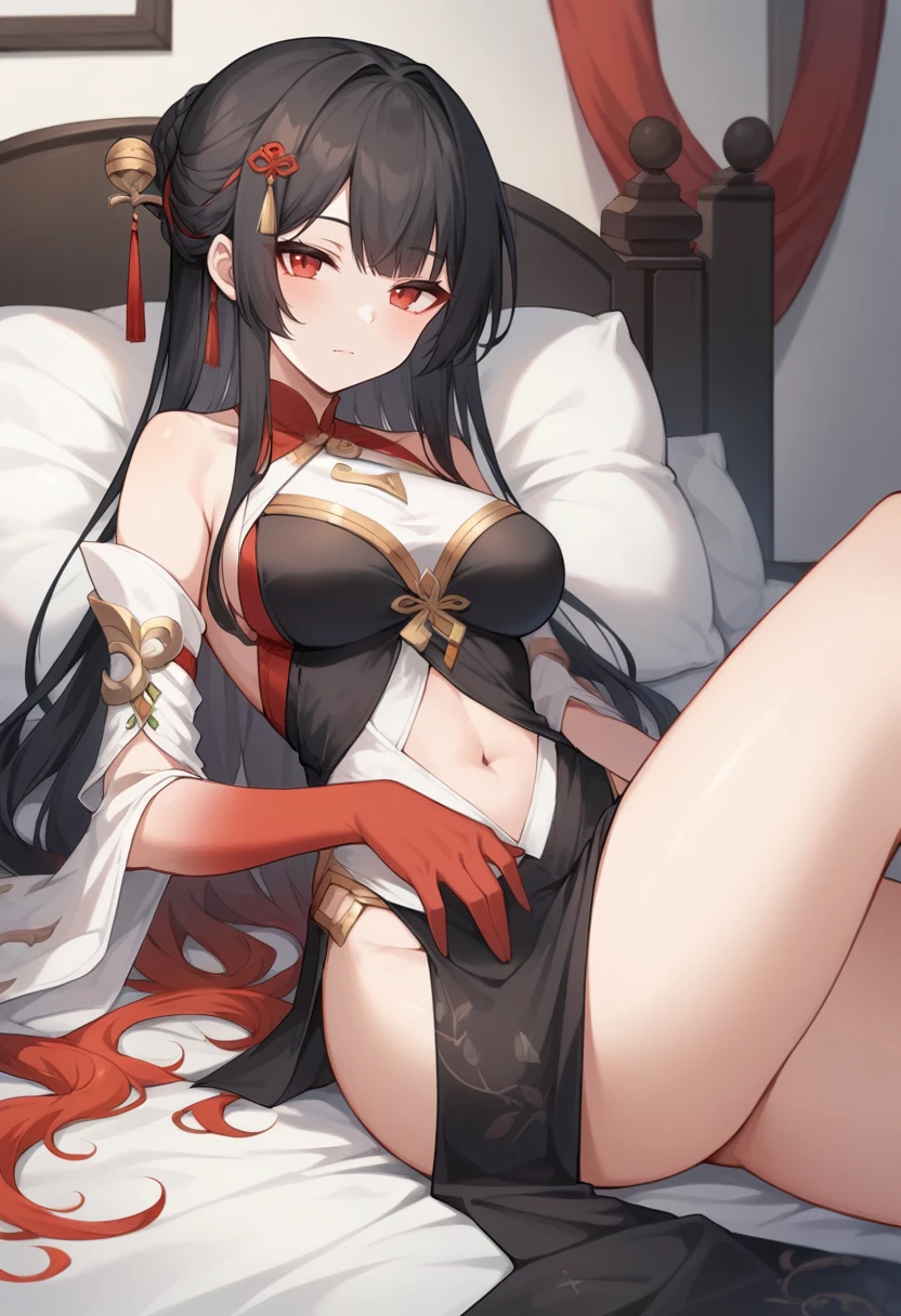 (score_9,score_8_up,score_7_up,),uncensored,
<lora:HSR_LS.V1.4_pony:1>,HSR_LS,1girl,solo,black and white dress,black hair,red hand,looking at viewer,smile,detached sleeves,closed mouth,gold striped dress,red eyes,hairpin,white silk bracelet,navel,cowboy_shot,looking_at_viewer,face_focus,(narrowed eyes:1.2),indoor,bedroom,bed,lying,on back,legs up,chinese room,