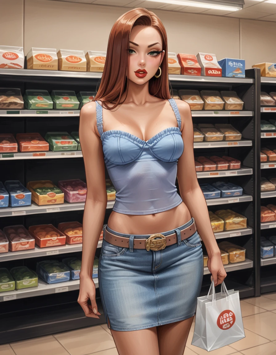 score_9, score_8_up, score_7_up, score_6_up, score_5_up, score_4_up, 1girl, jessica rabbit, hud_y2kttop_skrt, denim pencil skirt, tank top, midriff, belt <lora:y2kpny:0.7>, shopping bag, shop