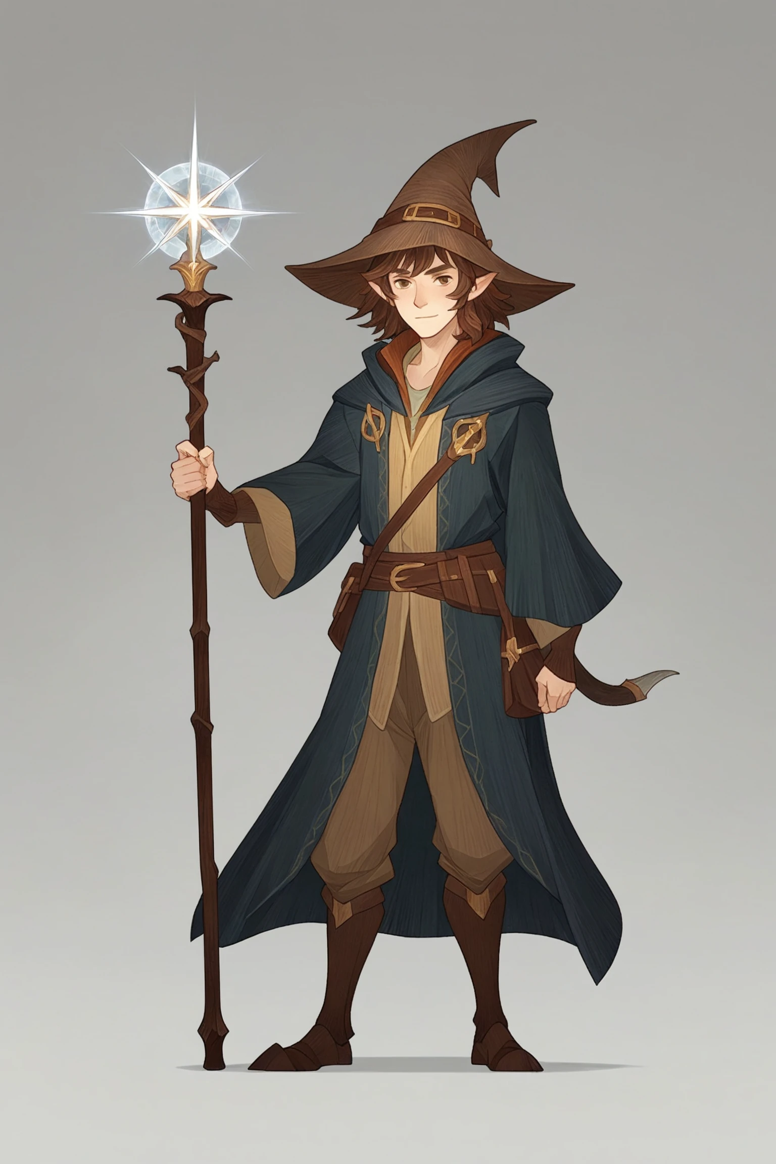 afk//,brushwork texture,fantasy,solo,front view,full body view,illustration,white_background, A brown-haired male hobbit, brown simple clothing,grey pointed wizard hat,kind caring eyes, holding a magical staff in hand