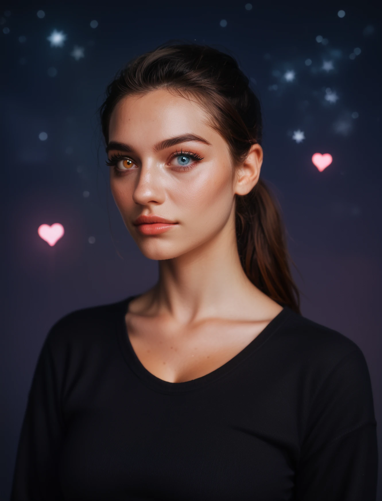 score_9, score_8_up, score_7_up, photograph of a cute girl, portrait of a glamorous woman, sultry, swept bangs, brown ponytail, pink sweater, black shirt, cleavage, black yoga pants, heterochromia, starry dark moonlit background, with shiny neon hearts, up close, dark shadows, realistic, long eyelashes, large saggy breasts, 28 years old,