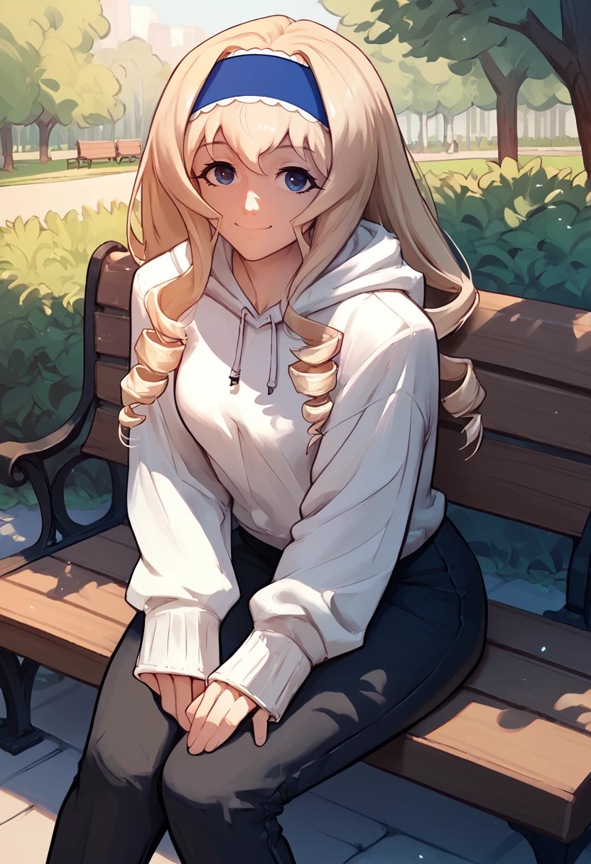 score_9, score_8_up, score_7_up, solo, 1girl, c3ciliaalcott, smile, looking at you, sitting, park bench, drill hair, blue hairband, white hoodie, black pants, outdoors <segment:yolo-face_yolov8m.pt>