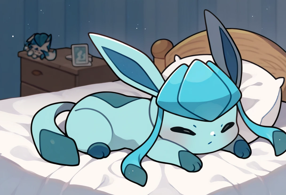 score_9, score_8_up, score_7_up, source_anime BREAK
bedroom, bed, blue sheets, blue walls
GL4C30N, quadraped, light blue skin, teal paws, long ears, tail, 
lying, sleeping, asleep, closed eyes, chibi
 <lora:Glaceon_Pokemon:1>