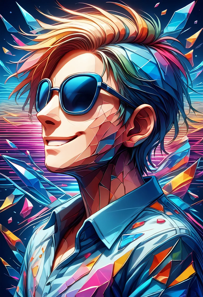 <lora:Glass_Shard_Style:1>, glass shard, male, portrait, shirt, vaporwave, scanlines, smile, happy, side view, sunglasses, cool shirt, cool, neon color, shirt, big circle background, glass shard background