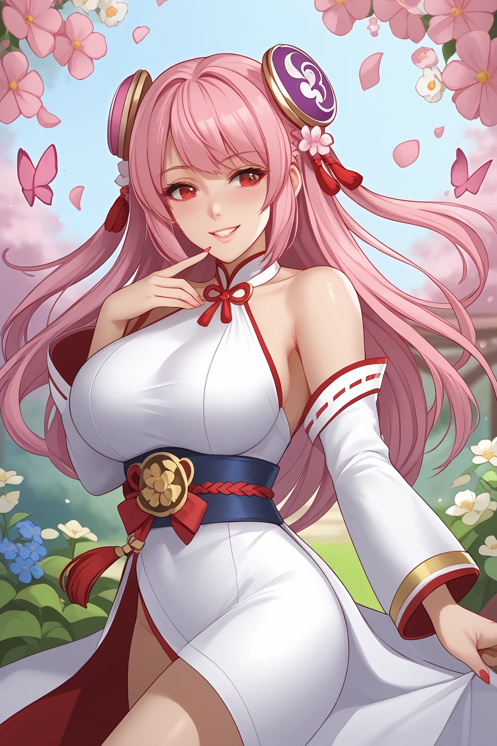 Kanade, Pink Hair, Long Hair, Two Hair Buns, Two Braids, Two Hair Ornament, Scarlet Eyes, Big Breasts, White Halter Neck Dress, (nsfw), (uncensored), (score_9), score_8_up, score_7_up, source_anime, cowboy shot, dynamic pose, Happy, Smile, Parted Lips, blush, ashamed, shy, sexy, charming, alluring, seductive, enchanting, erotic,
((outdoors)), ((flower garden)), ((flowers)), ((many flowers)), spring petals, petals of flowers, spring, falling petals, flying butterflies<lora:EMS-446320-EMS:1.000000>