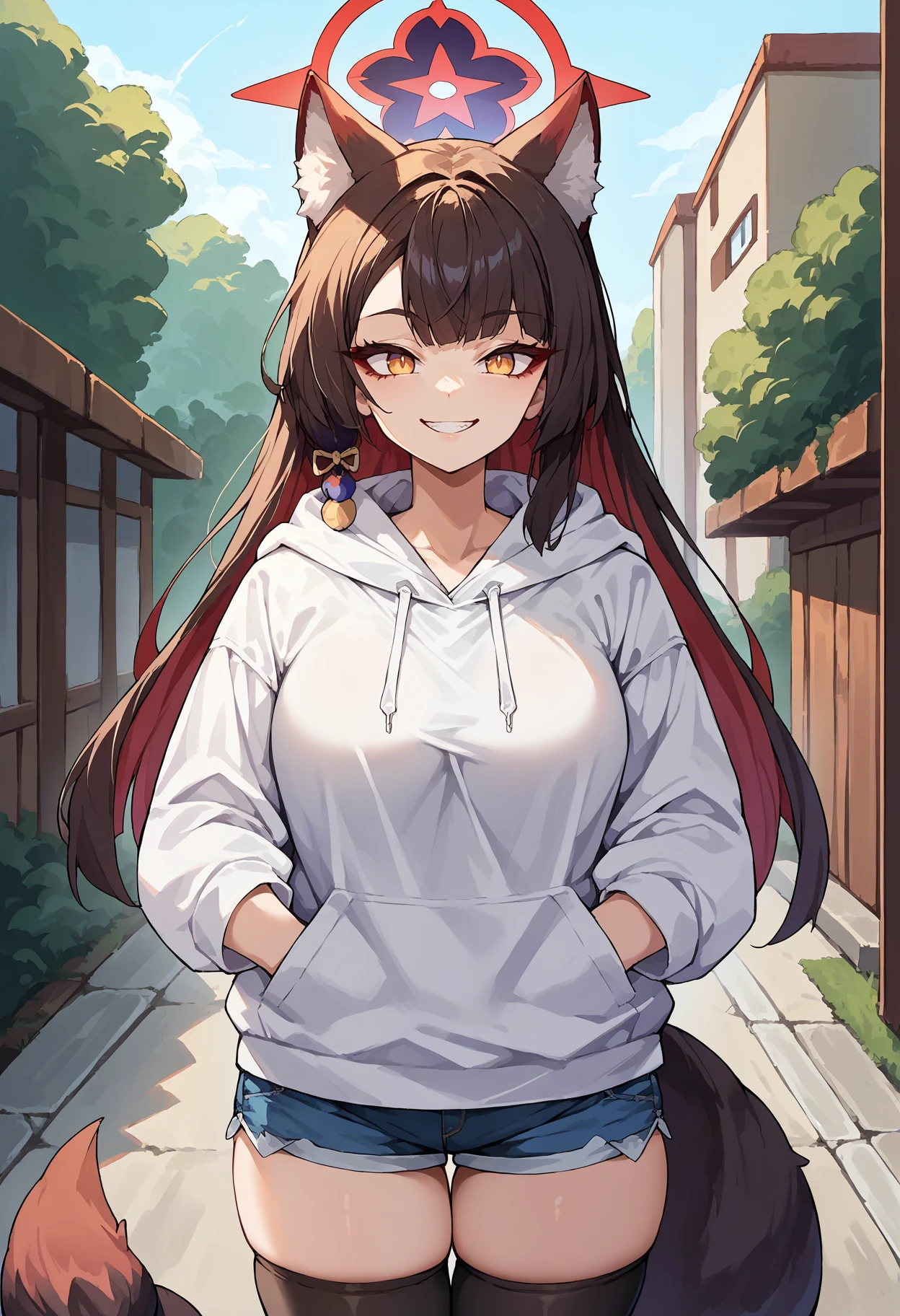 score_9, score_8_up, source_anime, 1girl, solo, KosakaWakamo, animal ears, tail, multicolored hair, long hair, halo, white hoodie, denim shorts, black thighhighs, skindentation, hands in pockets, outdoors, smile, smug, <lora:ChamKosakaWakamoPonyXL:1>