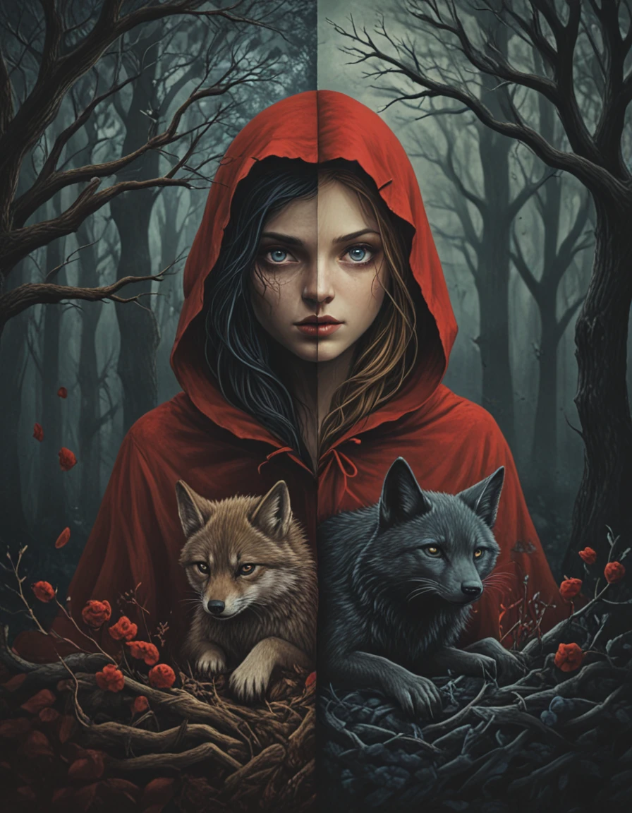 novuschroma69 split dichotomy little red riding hood  <lora:novuschroma69 split:1.25> <lora:sdxl_lightning_8step_lora:1>