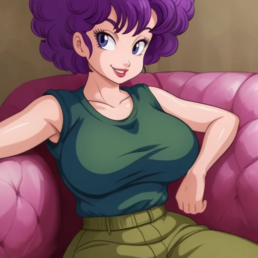 <lora:RanfanV1(IndigoFurryMix):0.75>
ranfan, blue and green outfit, purple hair, 
sitting, legs crossed, couch,
smile,
large breasts, sexy,  hourglass figure, beautiful, shiny skin,