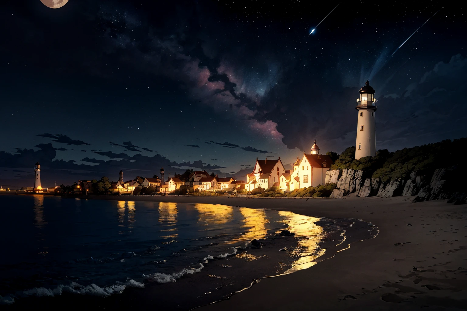 masterpiece, ultra-detailed, best quality, illustration, 8k cg wallpaper, an extremely delicate and beautiful, stunning landscape, beach, lighthouse, moon, stars, clouds, intricately detailed items in background, <lora:OtGW:1>