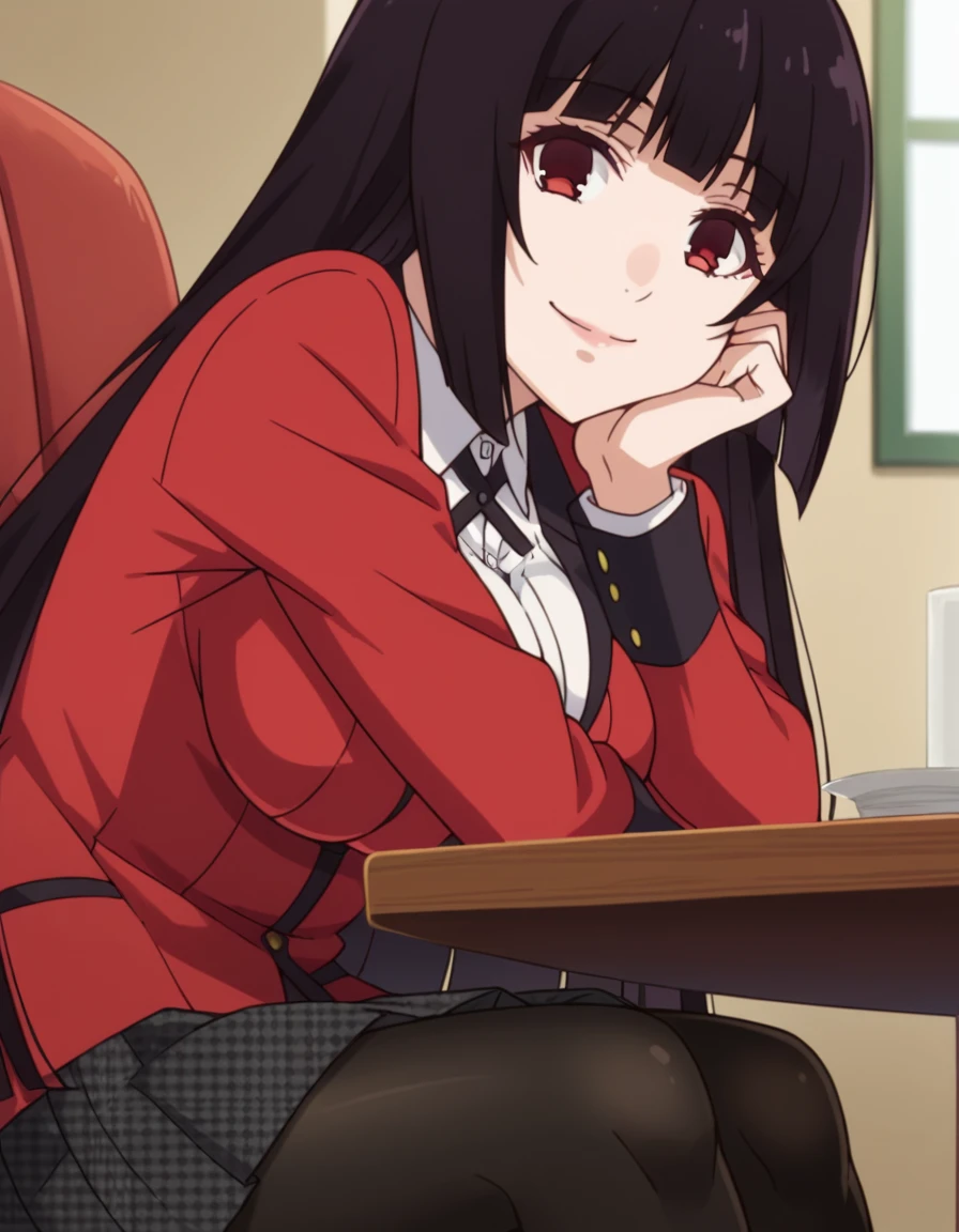 score_9, score_8_up, score_7_up, source_anime, <lora:yumeko-jabami-s2-ponyxl-lora-nochekaiser:1>, yumeko jabami, long hair, bangs, black hair, very long hair, blunt bangs, hime cut, red eyes, large breasts,, skirt, shirt, school uniform, jacket, white shirt, pantyhose, pleated skirt, collared shirt, black pantyhose, blazer, red jacket,, indoors, smile, looking at viewer, solo, sitting, head rest, table,, cowboy shot, dutch angle