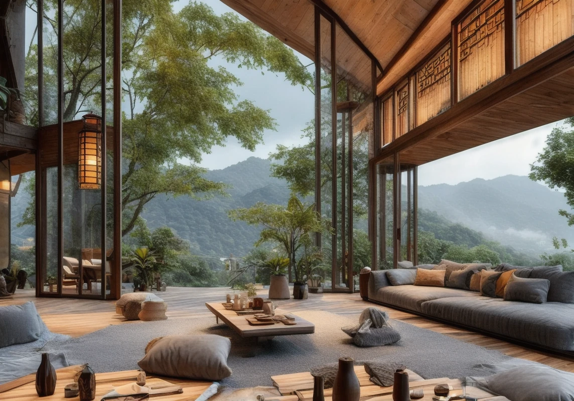 interior, scenery, no humans, gray velvet couch, cozy atmosphere, gray velvet pillows, lighting, plant, tree, architecture, Chinese architecture, indoors, cup on wooden table, pillow, building, nature, potted plant, window, lamp, wooden floor, plants, creamy style, <lora:Utopian Rustic Chinese Interior:1>, (masterpiece),(high quality), best quality, super detailed, (full detail),(4k),8k, scenery