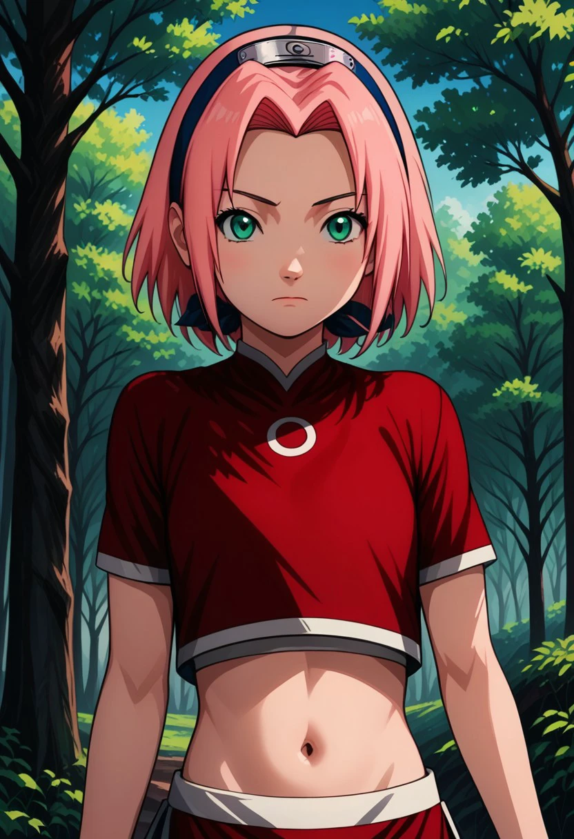 score 9, score 8 up, score 7 up,masterpiece_portrait, high quality, masterpiece_portrait, high quality, anime coloring, naruto, haruno sakura, solo, pink hair, navel, midriff, short hair, crop top, green eyes, outdoors, red shirt, tree, short sleeves, closed mouth, shirt, shade, forehead protector, hairband,